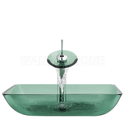 Rectangular Bathroom Blue Hand Painted  Glass Vessel Sink Stands With Faucet